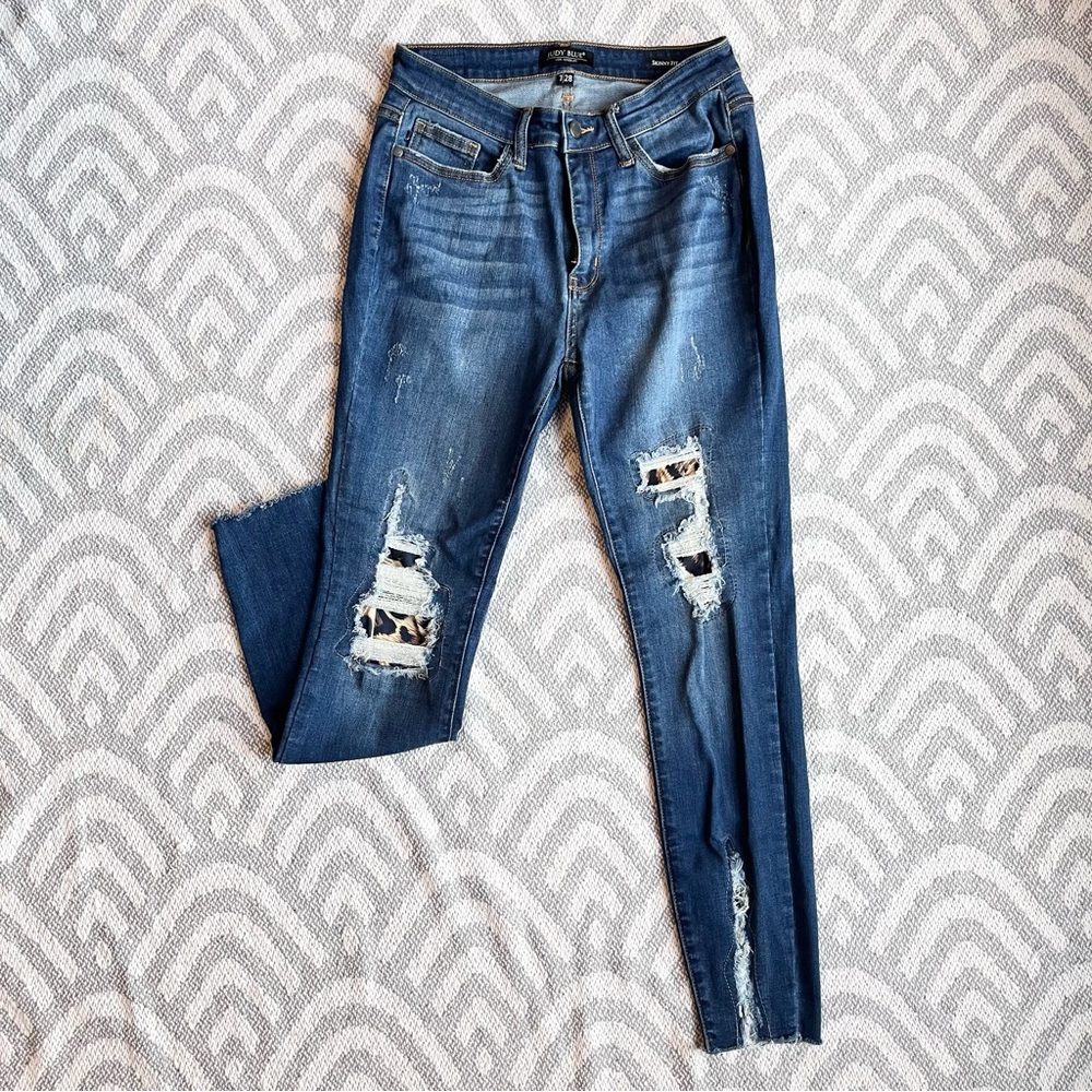 JUDY BLUE Distressed Leopard Print Skinny Fit Blue Denim Jeans 7/28